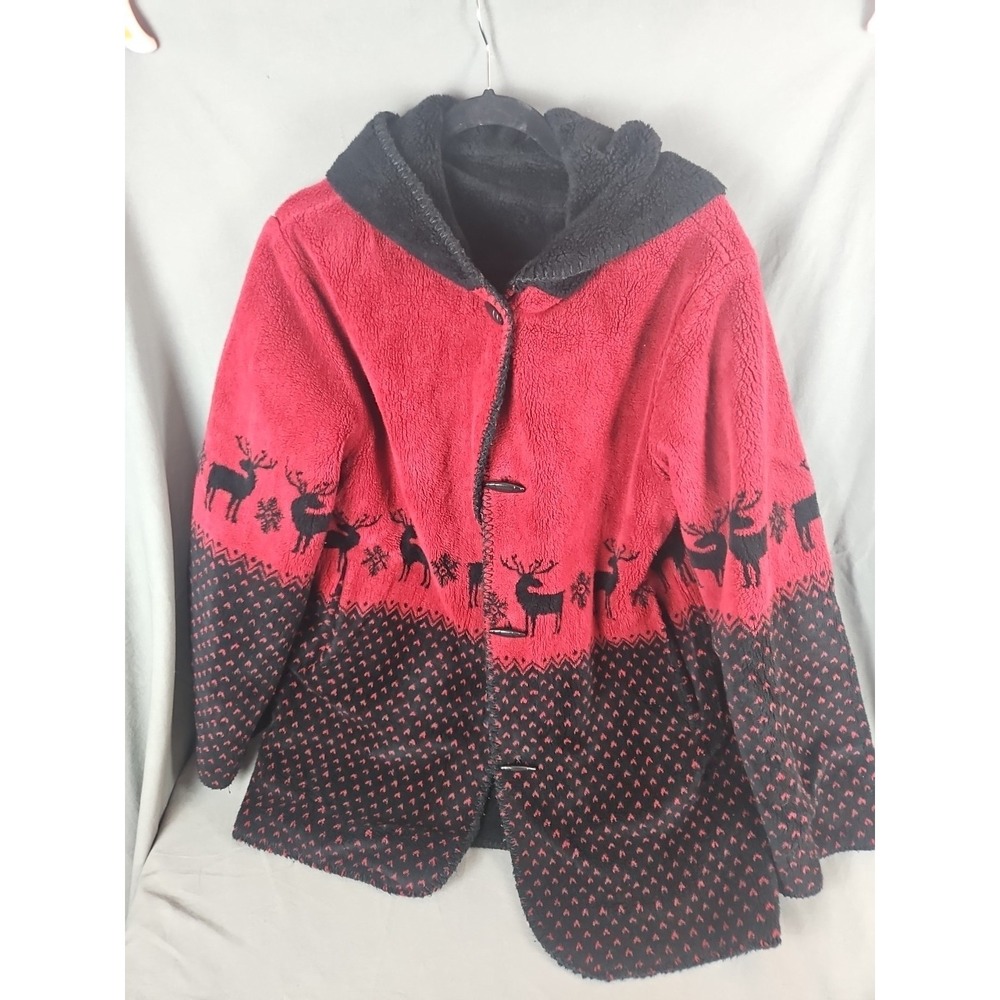 Alpine Studio Medium Faux Fur Reversible Reindeer Coat Hooded Toggles Red Black